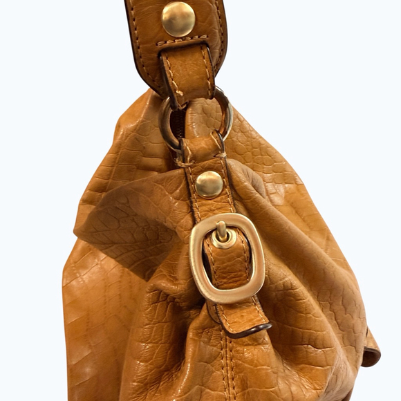 Michael Kors Brown Croc Embossed Leather Hobo Shoulder Bag Gold Hardware